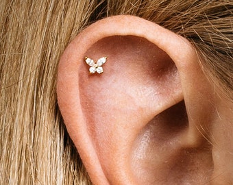 18G Diamond Butterfly Internally Threaded Labret - Piercing - Cartilage Earring - Helix - Tragus - Minimalist Earrings - Flat Back Earrings