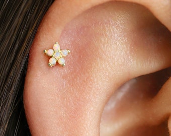 18G White Opal Flower Internally Threaded Labret - Cartilage Earring - Tragus Stud - Helix Stud - Conch - Minimalist - Flat Back Earring