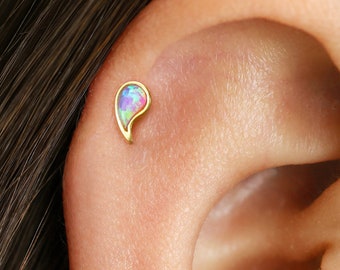 18G Fire Purple Opal Comma Internally Threaded Labret - Piercing - Tragus - Helix - Cartilage Earring - Flat Back Earring - Minimalist