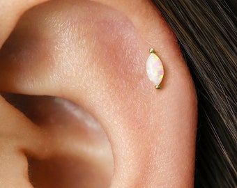 18G White Opal Internally Threaded Labret - Cartilage Earring - conch earrings - Helix Stud - Tragus - Flat Back Earring - Minimalist
