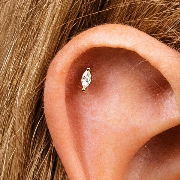 18G Tiny Diamond Marquise Internally Threaded Labret - Cartilage Earring - Tragus stud - Helix Stud - Flat Back Earring - Minimalist