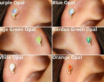 18G Tiny Opal Comma Internally Threaded Labret - Piercing - Tragus - Helix - Cartilage Earring - Flat Back Earring - Minimalist