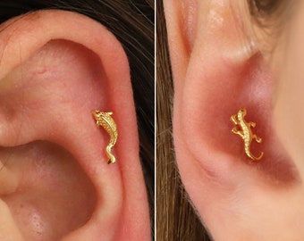 18G Koi Fish & Gecko Internally Threaded Labret - Cartilage Stud - Tragus - Conch - Helix - Piercing - Flat back Earring - Minimalist