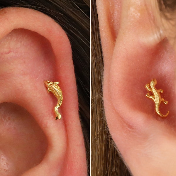 18G Koi Fish & Gecko Internally Threaded Labret - Cartilage Stud - Tragus - Conch - Helix - Piercing - Flat back Earring - Minimalist