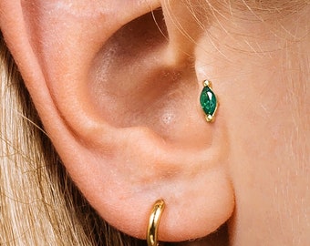 18G Emerald Marquise Internally Threaded Labret - Cartilage Earring - conch earrings - Helix Stud - Minimalist - Flat Back Earring