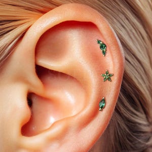 18G Emerald Flat Back Earring Set - set of 3 - Emerald cartilage earrings - helix earring - tragus earring - gift for her - gift set