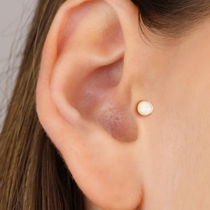 18G White Fire Opal Internally Threaded Labret Piercing Tragus stud Helix Stud Cartilage Earring Flat Back Earring Minimalist image 2