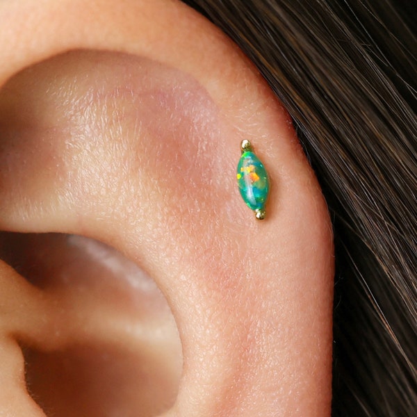 18G Garden Green Opal Internally Threaded Labret - Cartilage Earring - conch earrings - Helix Stud - Flat Back Earring - Minimalist