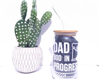 Dad Bod in Progress - 16oz Glass Tumbler w/ Bamboo Lid & Glass Straw