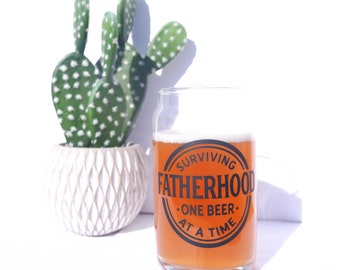 Surviving Fatherhood One Beer at a Time - 16oz Glass Tumbler w/ Bamboo Lid & Glass Straw