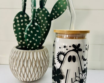 Ghost and Flowers - 16oz Glass Tumbler w/ Bamboo Lid & Glass Straw