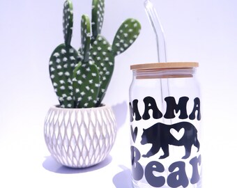 Mama Bear - 16oz Glass Tumbler w/ Bamboo Lid & Glass Straw