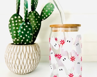 Ghost and Flowers  - 16oz Glass Tumbler w/ Bamboo Lid & Glass Straw