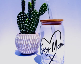 Boy Mom - 16oz Glass Tumbler w/ Lid & Straw
