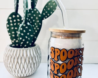 Spooky Halloween Cup - 16oz Glass Tumbler w/ Bamboo Lid & Glass Straw