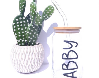 Personalized Name - 16oz or 20oz Glass Tumbler w/ Bamboo Lid & Glass Straw