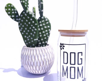 Dog Mom - 16oz Glass Tumbler w/ Bamboo Lid & Glass Straw