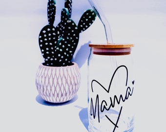 Mama with Heart Outline - 16oz or 20oz Glass Tumbler w/ Bamboo Lid & Glass Straw