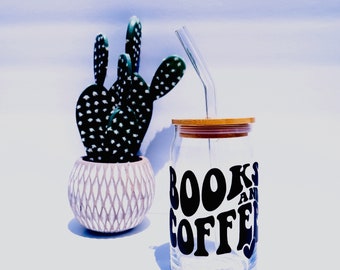 Books and Coffee - 16oz or 20oz Glass Tumbler w/ Bamboo Lid & Glass Straw