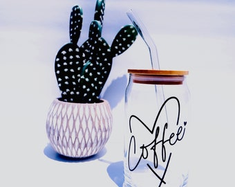 Coffee with Heart Outline - 16oz or 20oz Glass Tumbler w/ Bamboo Lid & Glass Straw