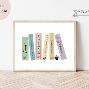 Jane Austen Book Lover Gift, Bookshelf Stack, Minimalist Jane Austen,  Digital Download Printable, Fun Printable Art, Literature, Library