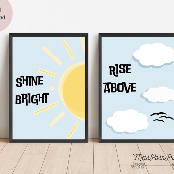 Bold Retro 'Shine Bright and Rise Above' Teen, Nursery Typography Minimalist Poster Wall Art INSTANT Download 8x10 and 18x24