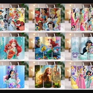 Paquete de más de 100 envoltorios para vasos de princesas, diseños de sublimación de princesas, diseños de vasos de princesas de 20 oz, envoltorios para vasos de dibujos animados PNG