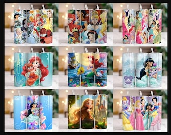 May include: Set of nine 20 oz stainless steel tumblers featuring various Disney princess characters. The tumblers are double-walled and insulated to keep drinks cold or hot for hours. Each tumbler has a different princess design, including Cinderella, Ariel, Belle, Jasmine, Rapunzel, and more.