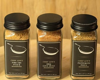 Zestaw przypraw szefa kuchni Jona, wybór 3 | Zestaw prezentowy z przyprawami | Przyprawy do pizzy BBQ z ziemniakami i frytkami