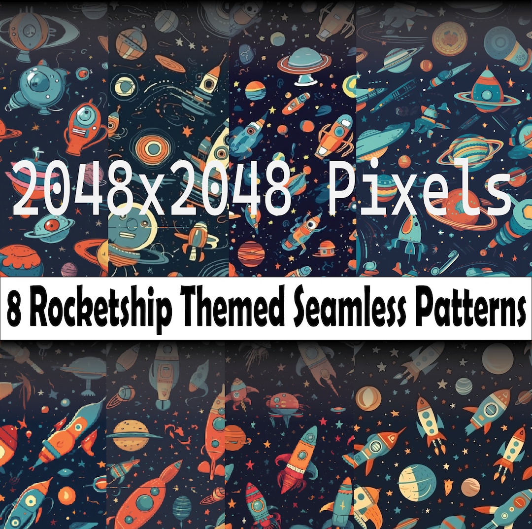 8 Seamless Rocketship Themed Patterns, Digital Paper, Clothing Patterns ...
