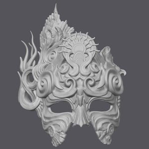 May include: A white, detailed, ornate mask with a sun design on the forehead. The mask has a stylized, almost mythical, design with intricate details.