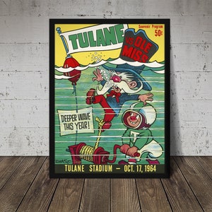 May include: A vintage Tulane University vs Ole Miss football game program cover. The program features a cartoon illustration of a Tulane Green Wave mascot and an Ole Miss Rebel mascot. The text on the program reads "Tulane vs Ole Miss", "Deeper Wave This Year!" and "Tulane Stadium - Oct. 17, 1964".