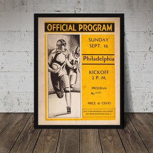 May include: A vintage black and white illustration of two football players running with the ball. The image is on a yellow background with black text that reads "OFFICIAL PROGRAM", "SUNDAY SEPT. 16", "Philadelphia", "KICKOFF 2 P.M.", "PROGRAM No. 6707", "PRICE 10 CENTS", and "SAVE YOUR PROGRAM FOR IMPORTANT INFORMATION SEE PAGE 12".