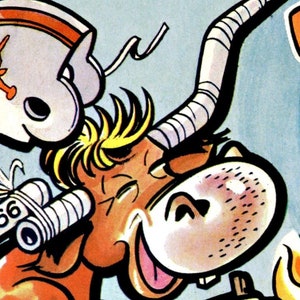 Peut inclure: Une illustration de dessin anim&eacute; d'un taureau portant un casque de football avec le num&eacute;ro "1966" dessus. Le taureau tient une allumette allum&eacute;e et a une expression surprise sur son visage. Le texte "The" et "Oil" est visible en arri&egrave;re-plan.