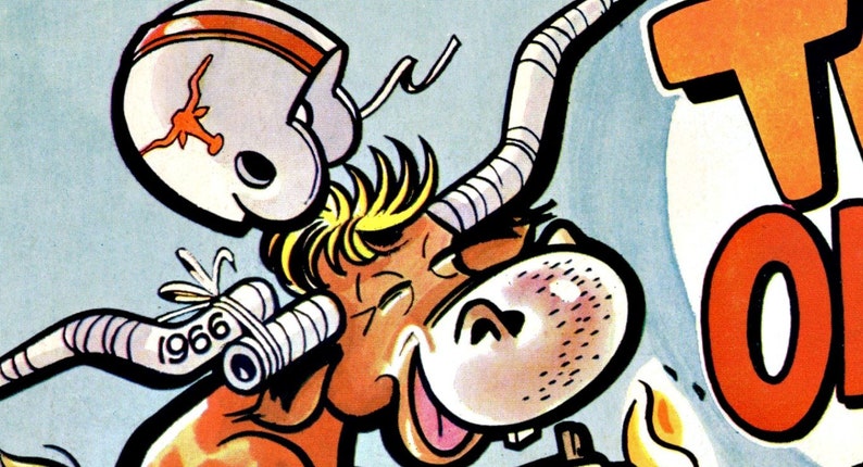 Peut inclure: Une illustration de dessin anim&eacute; d'un taureau portant un casque de football avec le num&eacute;ro "1966" dessus. Le taureau tient une allumette allum&eacute;e et a une expression surprise sur son visage. Le texte "The" et "Oil" est visible en arri&egrave;re-plan.