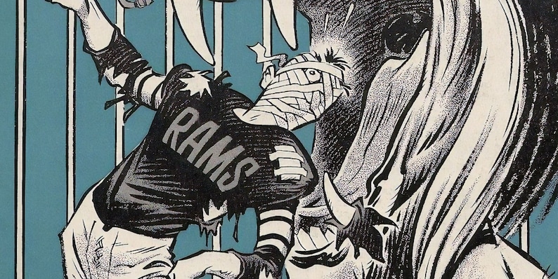 May include: Comic book style illustration with a teal background. A figure in a black and white jersey with "RAMS" on it is falling. A mummy-like figure is present, along with a large, horned creature. The artwork is in black, white, and gray.
