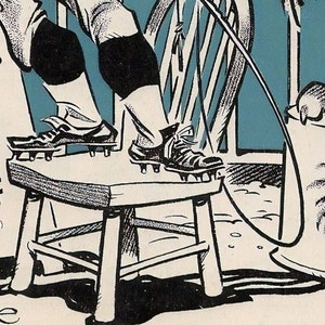 May include: Vintage cartoon illustration featuring a football player's cleats on a stool, with a sign for the Los Angeles Memorial Coliseum. The price is listed as 25 cents. A large paw and a star are also visible.