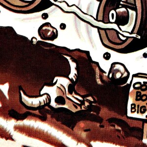 Peut inclure: Une illustration de bande dessin&eacute;e d'une voiture roulant sur une route boueuse avec un cr&acirc;ne et des os crois&eacute;s au sol et un panneau indiquant "Cotton Bowl Big'D".