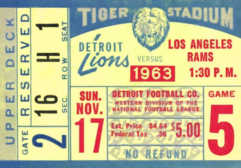1963 DETROIT LIONS Ticket Stub Print Digital Download, Vintage Football Decor, Football Print