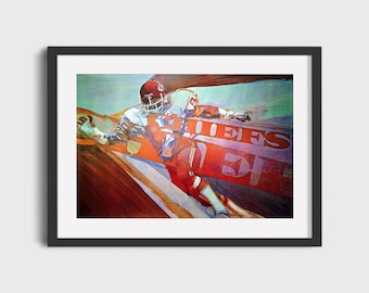 May include: A watercolor painting of a football player in a red and white uniform running with the ball. The player is wearing a helmet and is surrounded by a blur of colors. The words "Chiefs" and "34" are visible in the background.