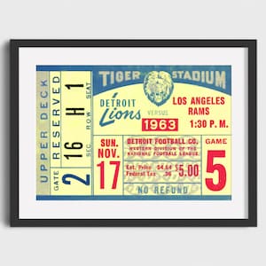 1963 DETROIT LIONS Ticket Stub Print - Digital Download, Vintage Football Decor, Football Print, Football Poster, Football Wall Art