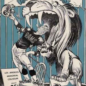 May include: Vintage Detroit Lions football poster from October 29, 1961, featuring a cartoon illustration of a Rams player facing a lion. The poster includes the text "Los Angeles Memorial Coliseum" and the price.