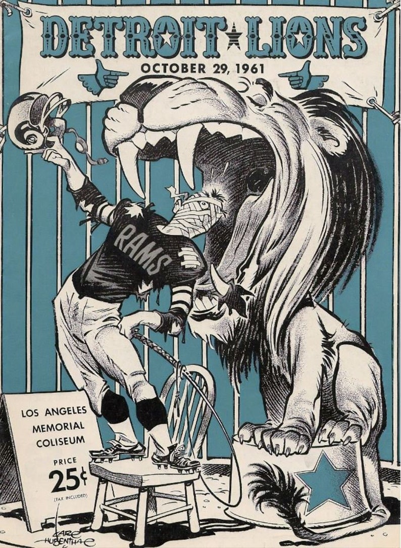 May include: Vintage Detroit Lions football poster from October 29, 1961, featuring a cartoon illustration of a Rams player facing a lion. The poster includes the text "Los Angeles Memorial Coliseum" and the price.