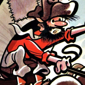 Peut inclure: Une illustration de bande dessin&eacute;e d'un homme avec une chemise rouge, un chapeau brun et une longue barbe chevauchant un cheval. Il tient un fouet dans sa main droite et a une expression d&eacute;termin&eacute;e sur son visage.