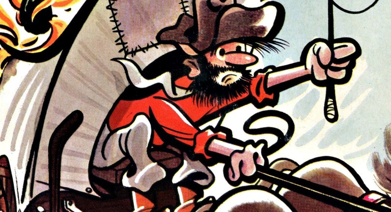 Peut inclure: Une illustration de bande dessin&eacute;e d'un homme avec une chemise rouge, un chapeau brun et une longue barbe chevauchant un cheval. Il tient un fouet dans sa main droite et a une expression d&eacute;termin&eacute;e sur son visage.