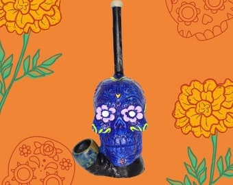 Blue Sugar Skulls Pipe| Cermaic Pipe| Bamboo Pipe| Wood Pipe| Unique Pipe| Novelty Pipe| Funny Pipe