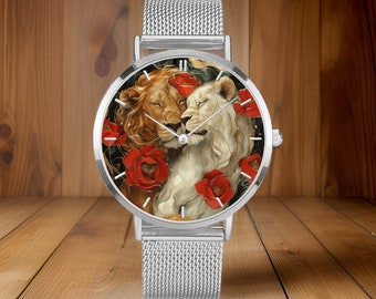 Reloj Lion Lovers, Reloj de Cuarzo Ultrafino de Acero Inoxidable, Estilo Mármol