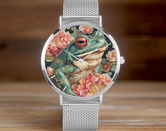 Floral frog watch, Ultra-thin Stainless Steel Quartz Watch, william morris style,