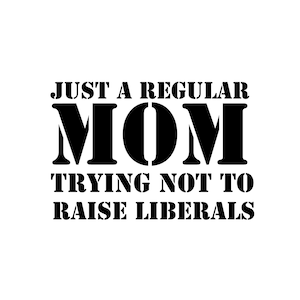 Puede incluir: Gráfico de texto en blanco y negro que dice "Just a regular mom trying not to raise liberals".