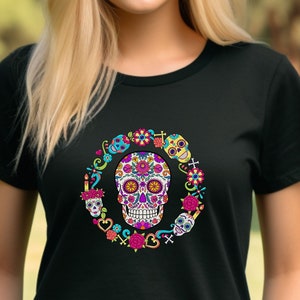Colorful Sugar Skull T Shirt, Halloween Tee, Calaveras T-Shirt, Day of the Dead Tee, Dias de los Muertos Tee, Skeleton T Shirt